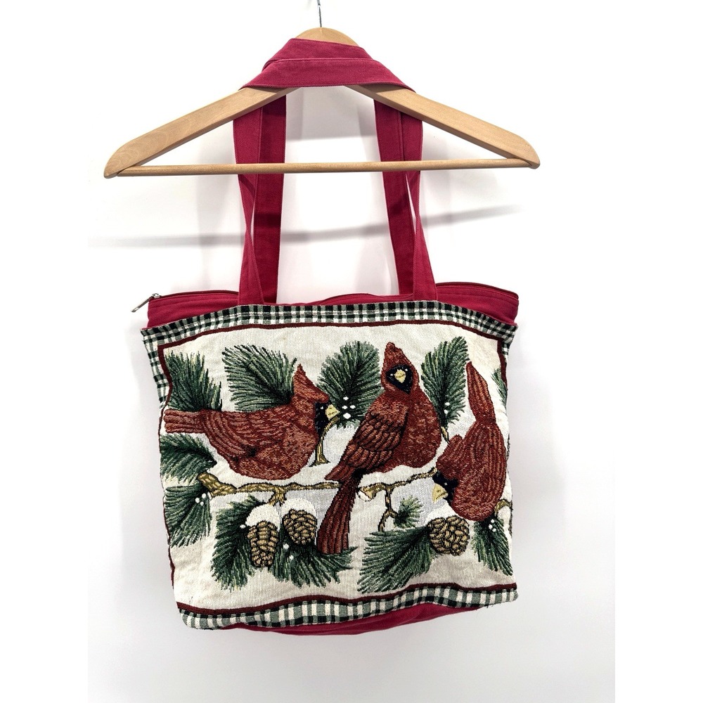 VTG 90s Tapestry Cardinal Shoulder Bag Country Cottage Kitsch Zip Closure Cotton